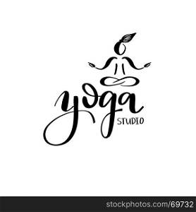 Logo for yoga studio or meditation class.. Logo for yoga studio or meditation class. Spa logotype design. Meditation concept. Silhouette of woman and lettering phrase Yoga studio. Vector illustration for t-shirt print, yoga mat, towel, poster, business card.