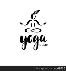 Logo for yoga studio or meditation class.. Logo for yoga studio or meditation class. Spa logotype design. Meditation concept. Silhouette of sitting woman and lettering phrase Yoga studio. Vector illustration for t-shirt print, yoga mat, towel, poster, business card.