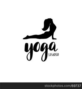 Logo for yoga studio or meditation class.. Logo for yoga studio or meditation class. Spa logotype design. Meditation concept. Silhouette of lying woman and lettering phrase Yoga studio. Vector illustration for t-shirt print, yoga mat, towel, poster, business card.