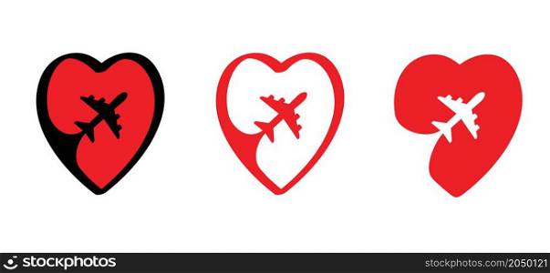 Logo heart, travel logo. Airplane flying route with heart icon. Love romantic travel and tourism. Air plane line path of air plane flight route. Vector fly location pictogram. For happy romance vacation, holliday fun.