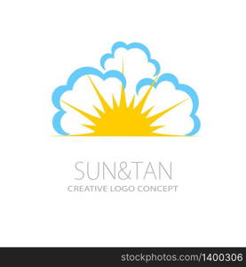 Logo Icon Element Template Design.Vector illustration of yellow sun and blue clouds isolated on white. Sun Icon Element Template Design Logos