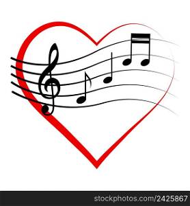 Logo icon heart with notes and treble clef, vector sign of love for music, melomaniac symbol
