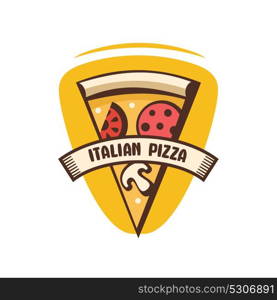 Logo Italian pizza in cartoon style for cafe pizzeria. Vector illustration. Slice of pizza with mushrooms, sausage, tomatoes and cheese.