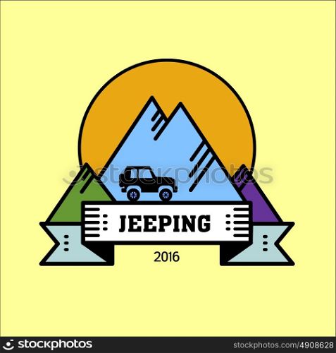 Logo jeeping. Vector sign riding jeep off-road mountains in the background. Journey.