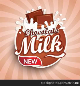 Logo, label of fresh chocolate milk on sunburst background. Milky splashing with drops from falling pieces of delicious chocolate. Vector illustration for your design, packaging and advertising.. Logo, label of fresh chocolate milk.