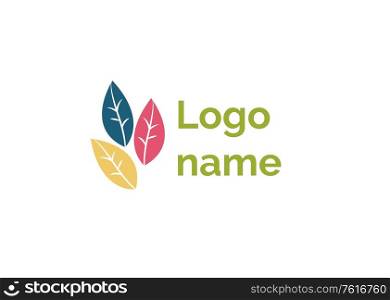Logo name vector, isolated icon in flat style. Leaf and foliage symbol of ecology and nature, autumnal frondage. Design of logo for eco company. Emblem of company or business corporation. Logo Name, Design of Corporation Logotype Icon