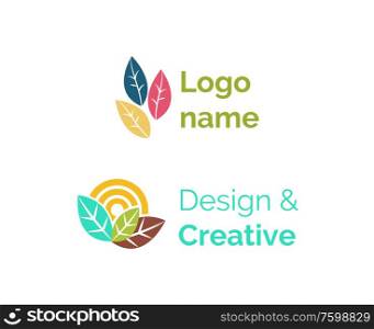Logo name vector, isolated icon of design and creative in flat style. Business concept and representation of corporation. Leaves and ecology sign. Logo Name, Design and Creative Logotypes Flat Set