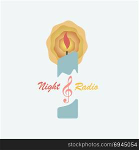 Logo Night Radio. A burning candle and a treble clef symbolize the logo of the radio station. Vector illustration is made in a flat style.