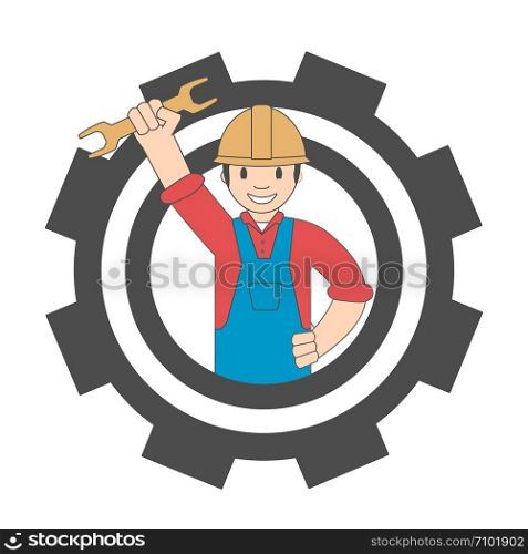 Logo of a worker with a wrench and gear. Cartoon icon handyman.