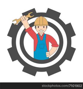 Logo of a worker with a wrench and gear. Cartoon icon handyman.