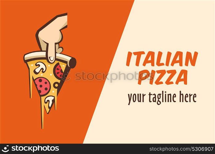 Logo of pizza in cartoon style for cafe pizzeria. Vector illustration. Slice of pizza with mushrooms, sausage, tomatoes and cheese in hand.