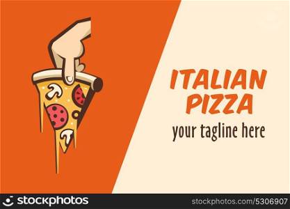 Logo of pizza in cartoon style for cafe pizzeria. Vector illustration. Slice of pizza with mushrooms, sausage, tomatoes and cheese in hand.