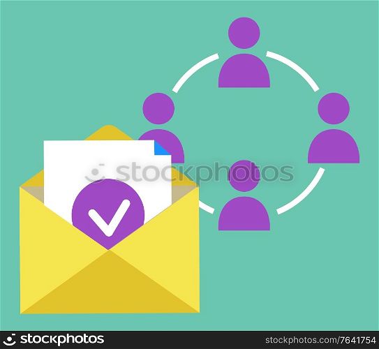 Logo of team communication, paper with done icon in envelope and broker collaboration symbol. Modern technology of cooperation, email object vector. Email and Broker Sign, Team Communication Vector