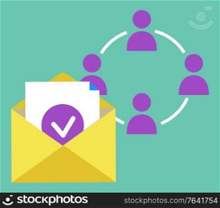 Logo of team communication, paper with done icon in envelope and broker collaboration symbol. Modern technology of cooperation, email object vector. Email and Broker Sign, Team Communication Vector