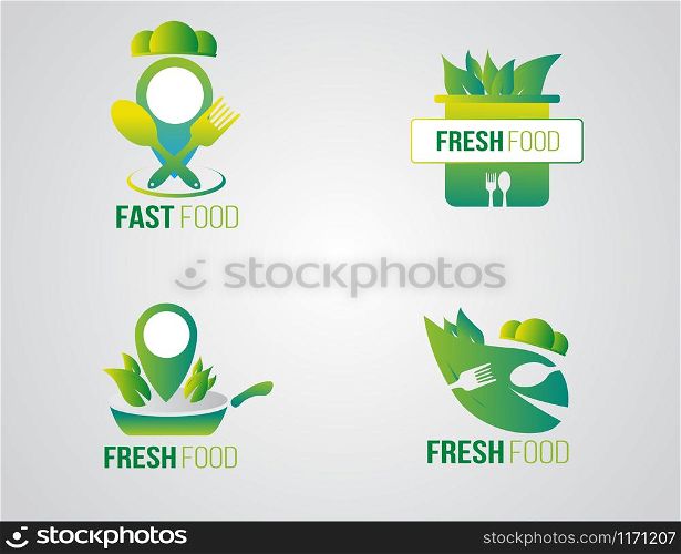 Logo organic food eco environment set green labels with leaves for friendly for eco, bio and natural.