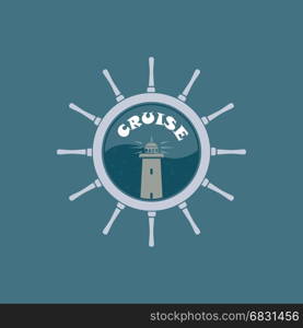 Logo sea cruise. The ship wheel and a lighthouse in the center. The emblem on the marine theme.