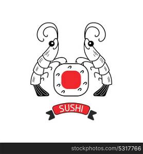 Logo shrimp sushi. Shrimp and sushi. Vector illustration, sign, emblem. Isolated on a light background. Logo for a Japanese restaurant.