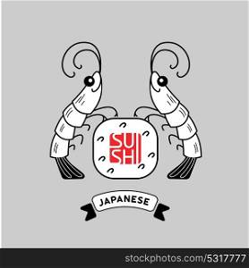 Logo shrimp sushi. Shrimp and sushi. Vector illustration, sign, emblem. Isolated on a light background. Logo for a Japanese restaurant.