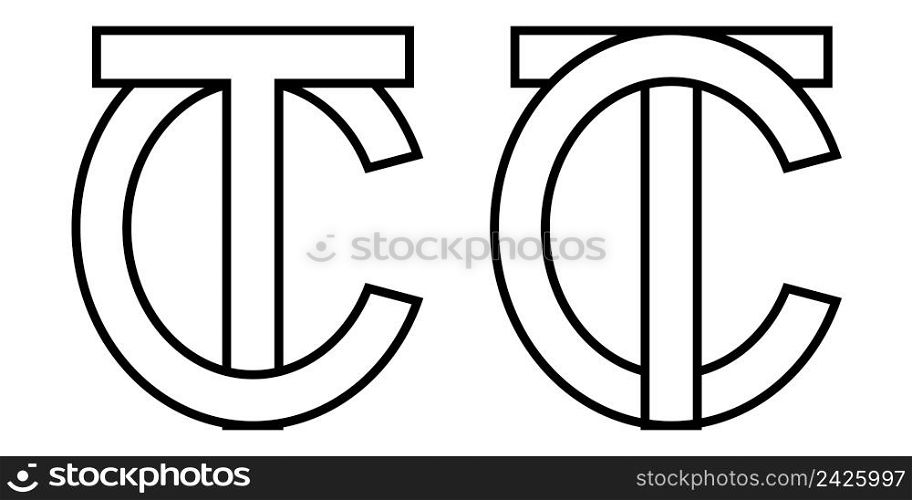 Logo sign tc and ct icon sign two interlaced letters T, C vector logo tc, ct first capital letters pattern alphabet t, c