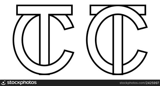 Logo sign tc and ct icon sign two interlaced letters T, C vector logo tc, ct first capital letters pattern alphabet t, c
