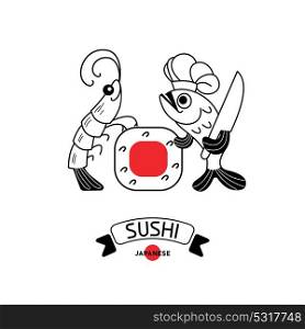 Logo sushi with shrimp and fish. Shrimp, fish and sushi. Vector illustration, sign, emblem. Isolated on a light background. Logo for a Japanese restaurant.