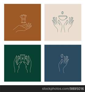 Logo templates set in trendy linear minimal style. Hands with coffee cup, coffee pot and beans emblem badge for cafe and shops on modern colors background. Vector illustration.. Hands with coffee cup, coffee pot and beans Logo templates set vector