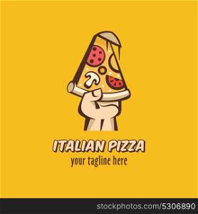 Logo vector Italian pizza. Vector illustration in cartoon style. A slice of hot pizza with mushrooms, sausage, tomatoes and cheese in hand.