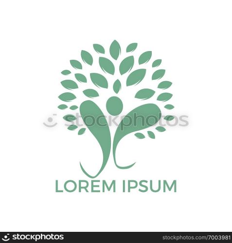 Logo with abstract human figure and green leaves of tree. Original emblem for self development center or yoga classes. Natural and healthy living.