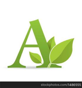 Logo with letter A of green color decorated with green leaves - Vector image