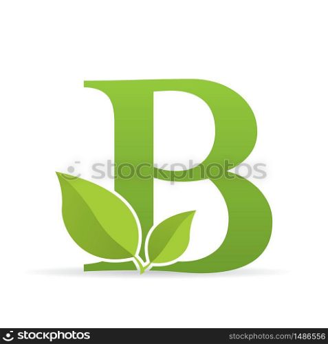 Logo with letter B of green color decorated with green leaves - Vector image