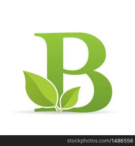 Logo with letter B of green color decorated with green leaves - Vector image