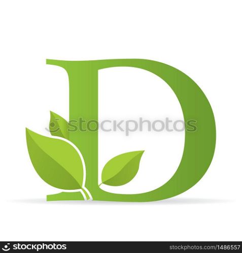Logo with letter D of green color decorated with green leaves - Vector image