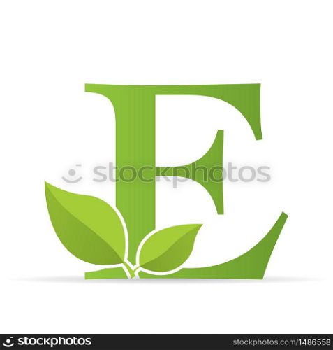 Logo with letter E of green color decorated with green leaves - Vector image