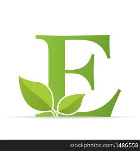 Logo with letter E of green color decorated with green leaves - Vector image
