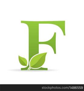 Logo with letter F of green color decorated with green leaves - Vector image