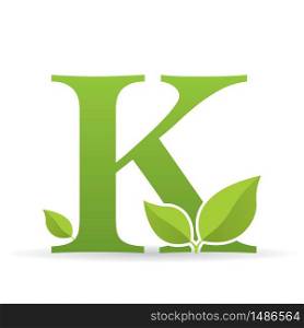Logo with letter K of green color decorated with green leaves - Vector image