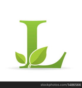 Logo with letter L of green color decorated with green leaves - Vector image