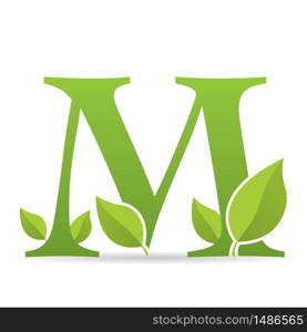 Logo with letter M of green color decorated with green leaves - Vector image