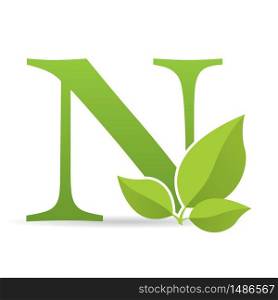 Logo with letter N of green color decorated with green leaves - Vector image