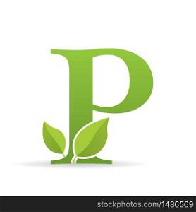Logo with letter P of green color decorated with green leaves - Vector image