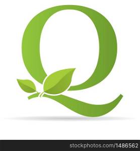 Logo with letter Q of green color decorated with green leaves - Vector image