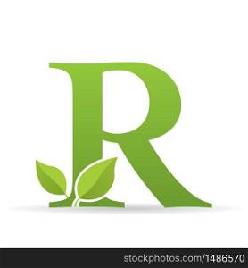 Logo with letter R of green color decorated with green leaves - Vector image