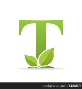 Logo with letter T of green color decorated with green leaves - Vector image