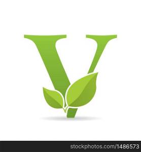 Logo with letter V of green color decorated with green leaves - Vector image