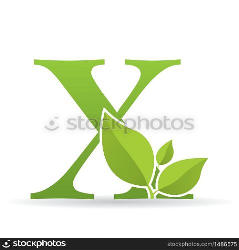 Logo with letter X of green color decorated with green leaves - Vector image