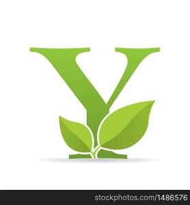 Logo with letter Y of green color decorated with green leaves - Vector image