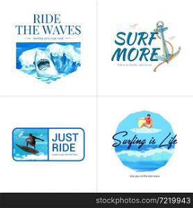 Logo with surfboards at beach design for brochure and marketing watercolor vector illustration