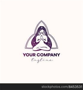 Logo yoga beautiful girl magic purple colors, long hair. Logo yoga beautiful girl meditates, asana, magic
