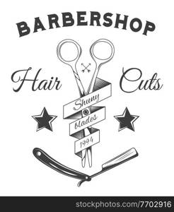 Logotype for barbershop in black and white style. Barber shop logo flat vector design emblem with scissors and razor. Hairdressing salon signboard depicting a clippers and dangerous blade vintage logo. Logotype for barbershop in black and white style. Barber shop logo, emblem with scissors and razor