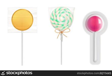 Lollipop candies in transparent plastic pack isolated on white background. Vector realistic mockup of round caramel on stick in clear package. Icons of wrapped sweets. Lollipop candies in transparent plastic pack